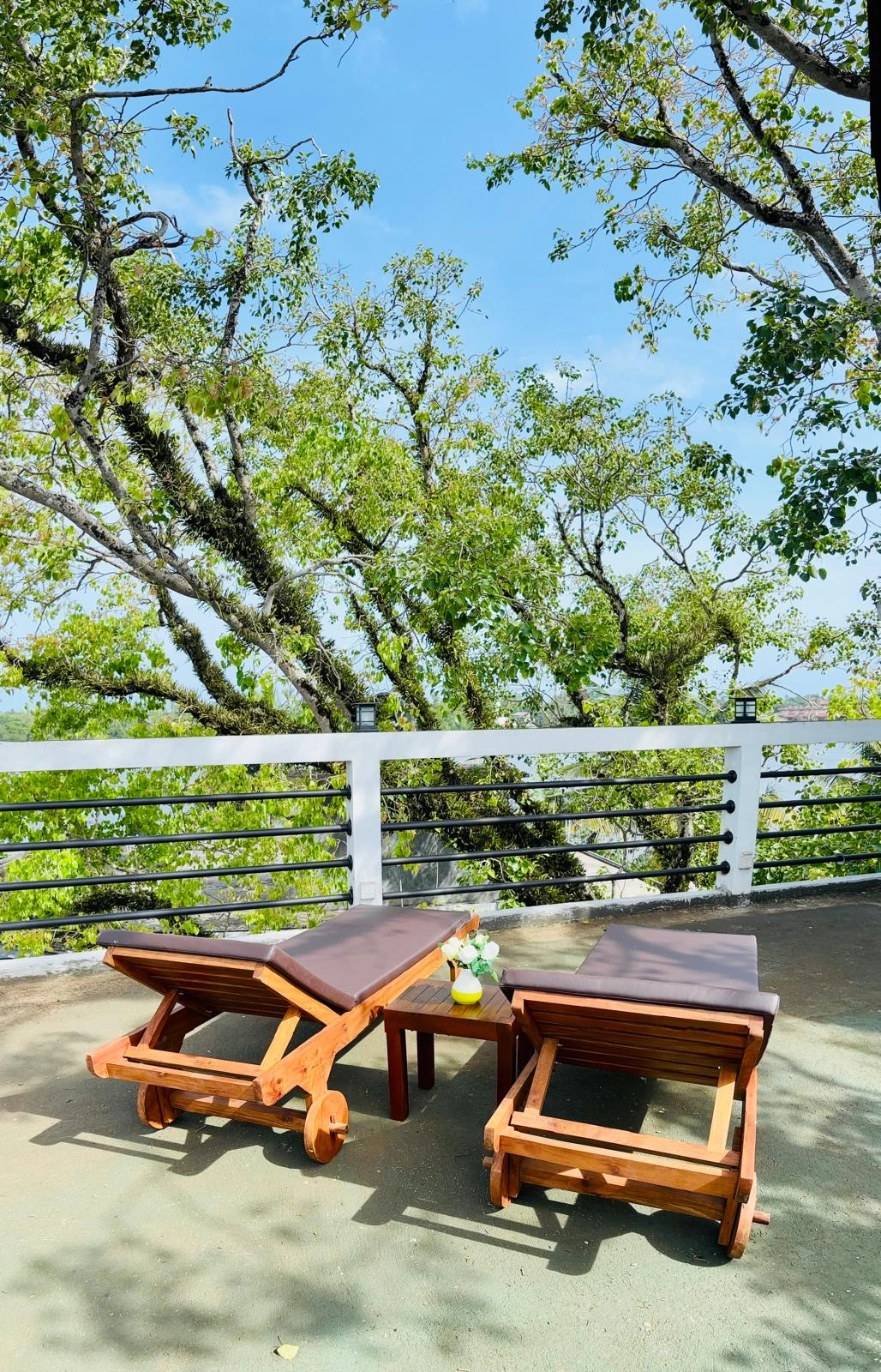 Balcony with wooden sun loungers and tree view